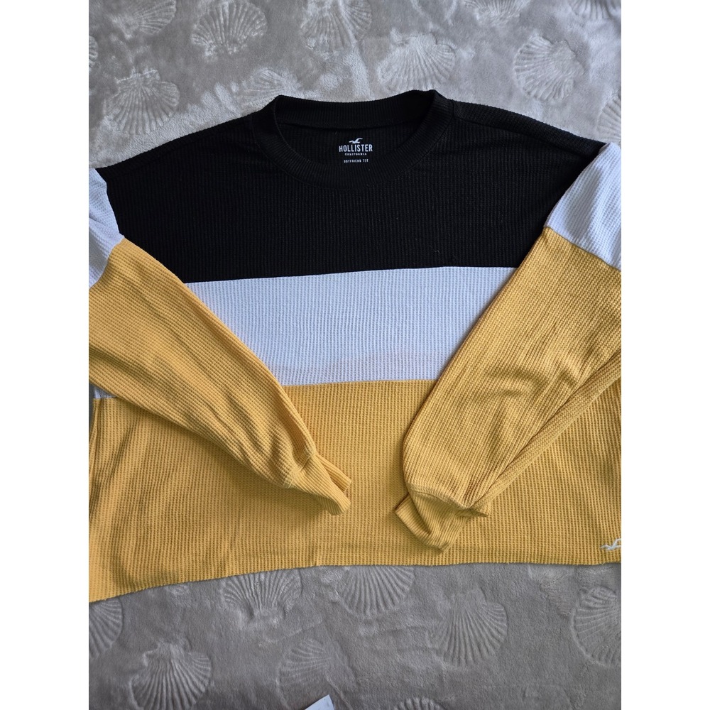 Hollister Waffle Knit Thermal Boyfriend Tee Colorblock Black Yellow White Small